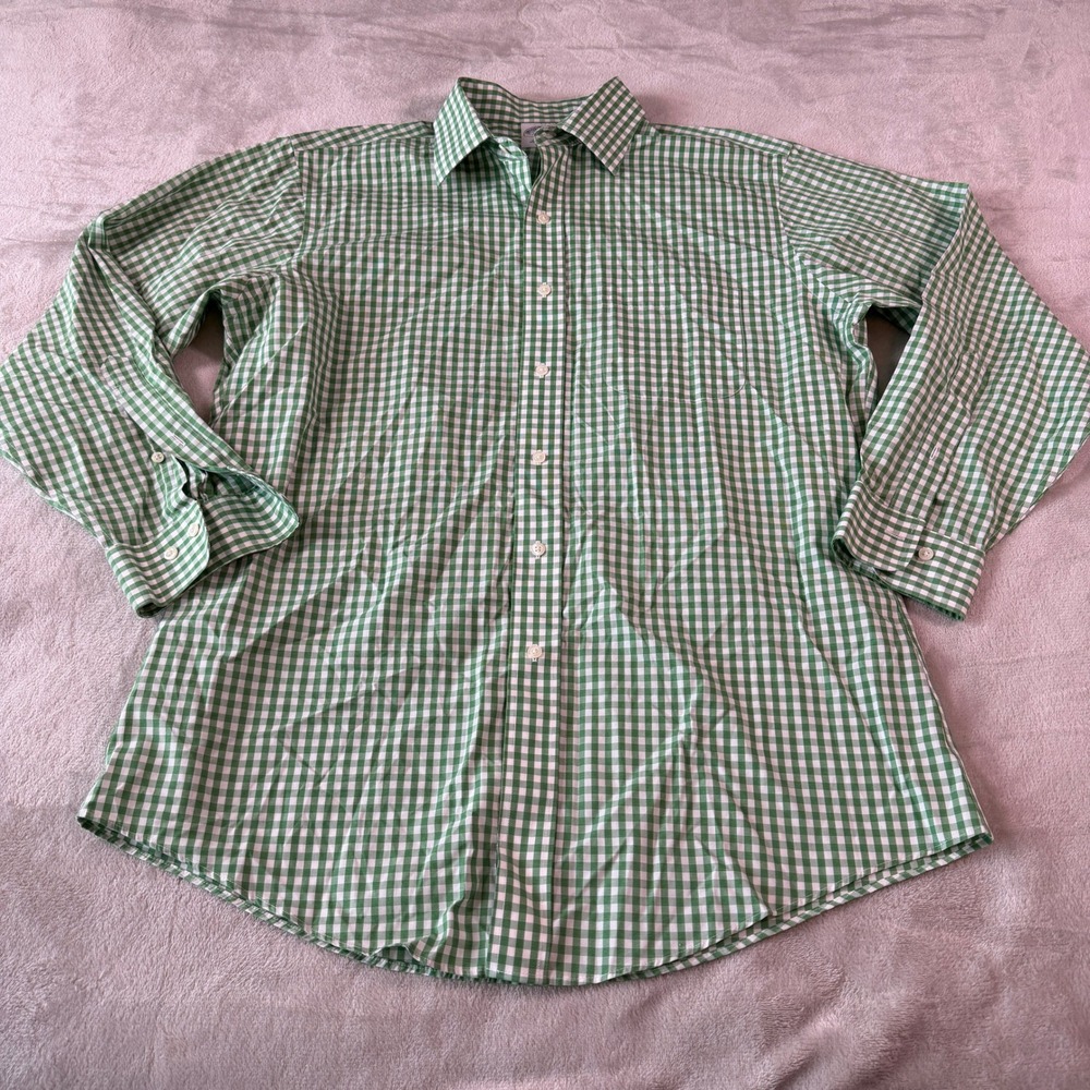 Brooks Brothers 346 Mens 16-2/3 Slim Fit Non-Iron Green Gingham Check Shirt EUC